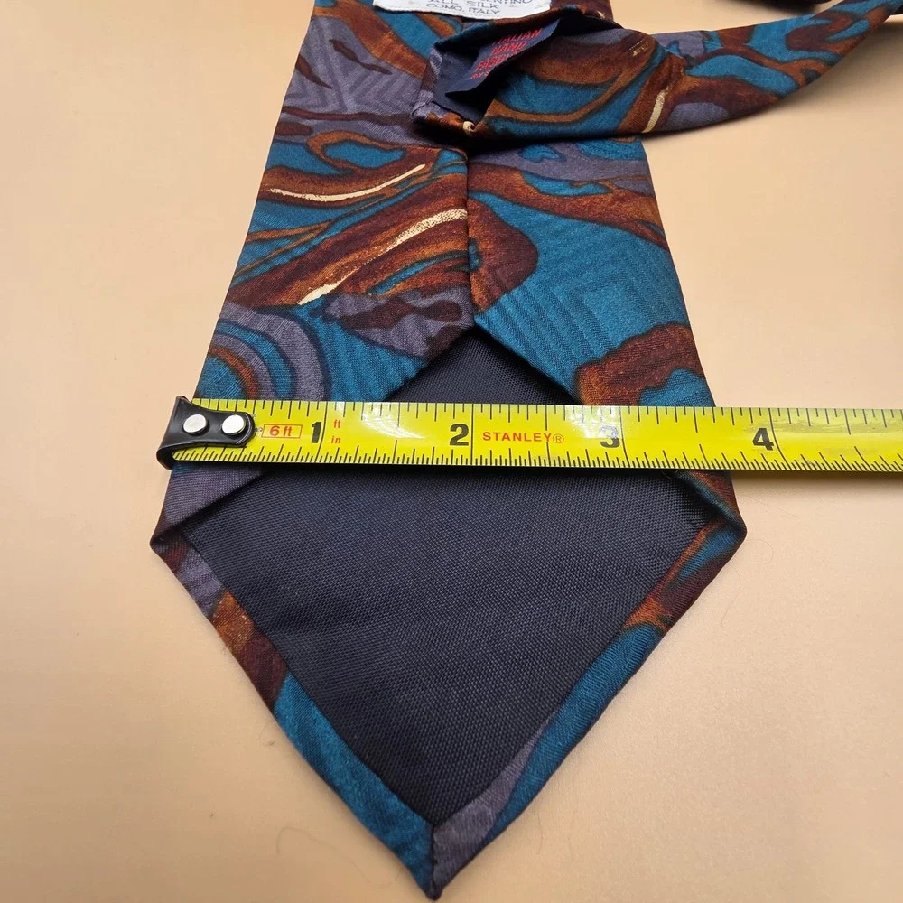 Lorenzo Valentino Mens Silk Tie‎ Abstract Swirl Teal Brown Purple Made in Italy